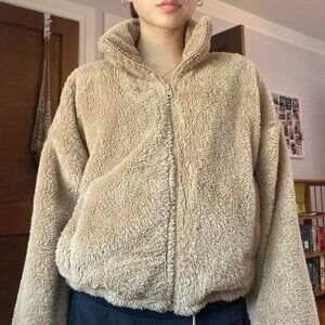 Aritzia Sunday Best Fuzzy Teddy Full Zip Sweater Tan Brown Size Small